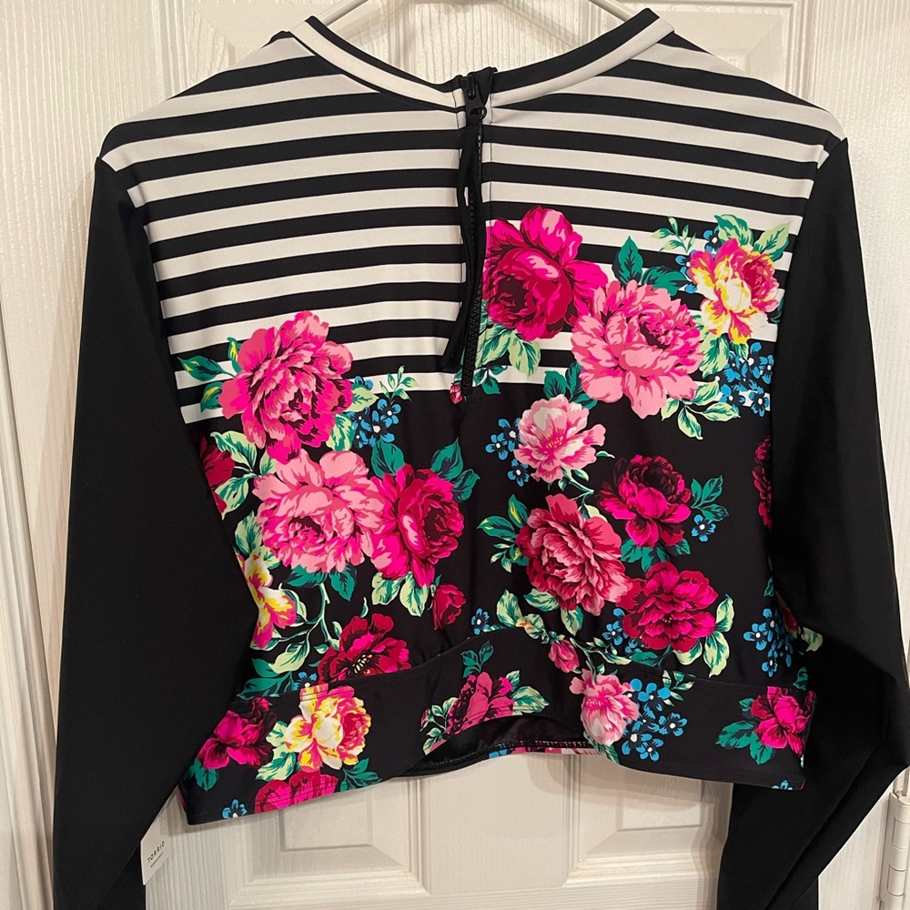 Torrid Active Swim, rashguard, floral, striped, crop, long sleeve